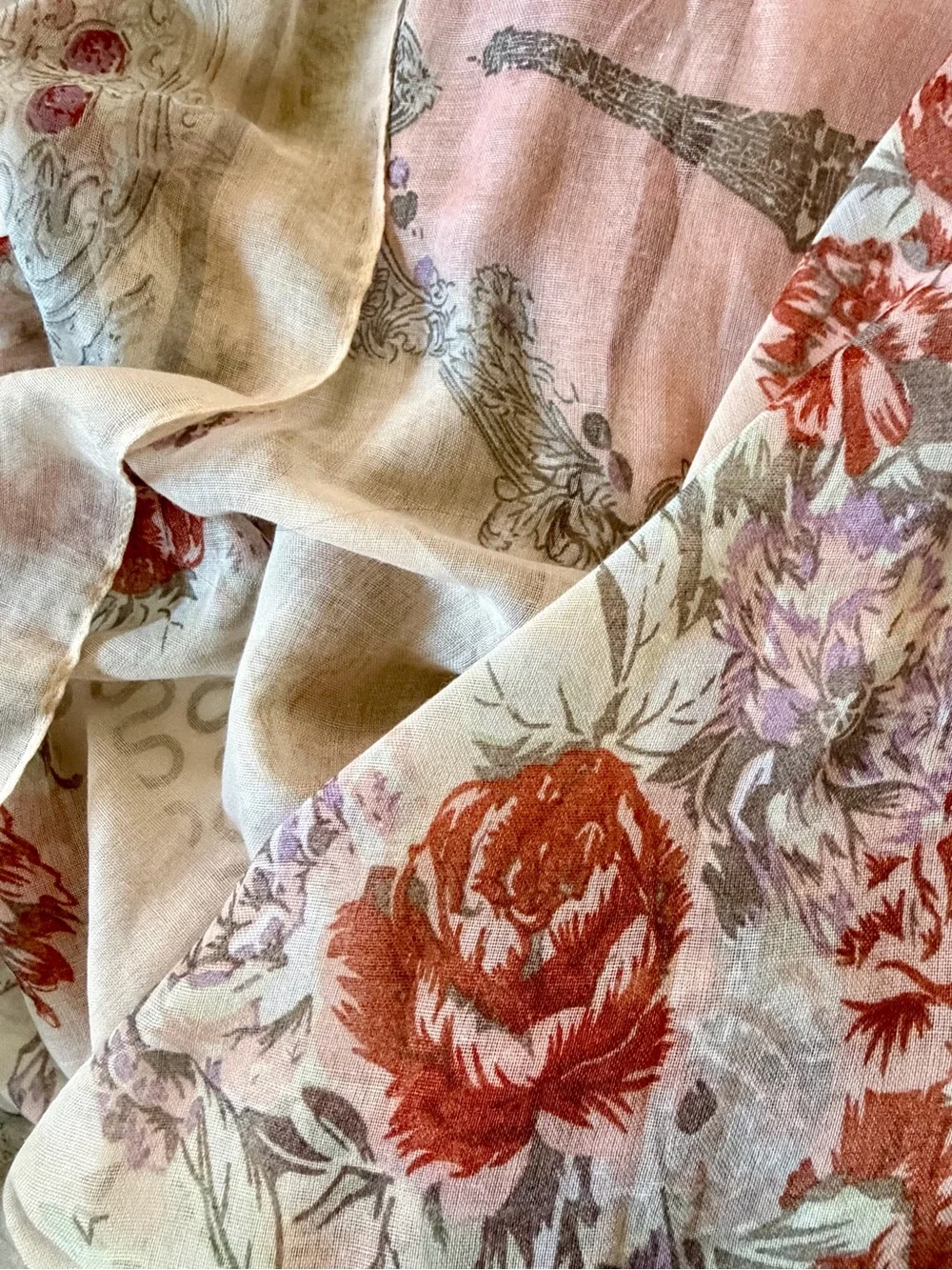 Lightweight French Floral Print Scarf with Beaded Connector